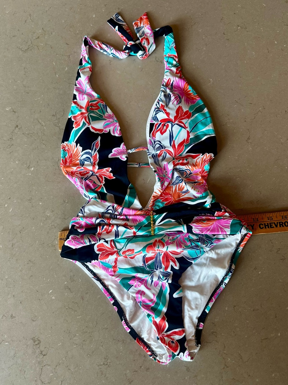 Trina Turk Floral Tropical Halter One-Piece Swimsuit Cutout Gold Hardware XS 2